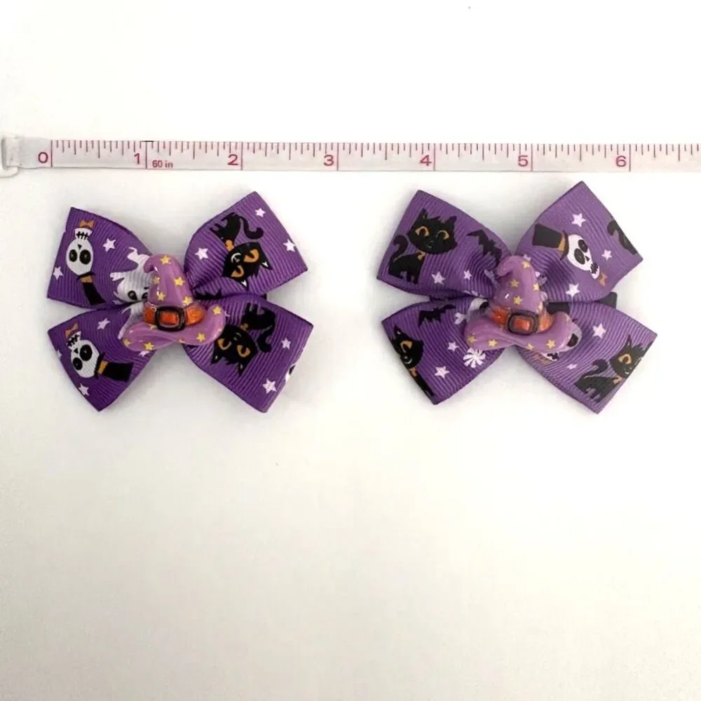 Halloween Hair Bow WITCH Set of 2 Girls Grosgrain Ribbon Bow Clips NWOT